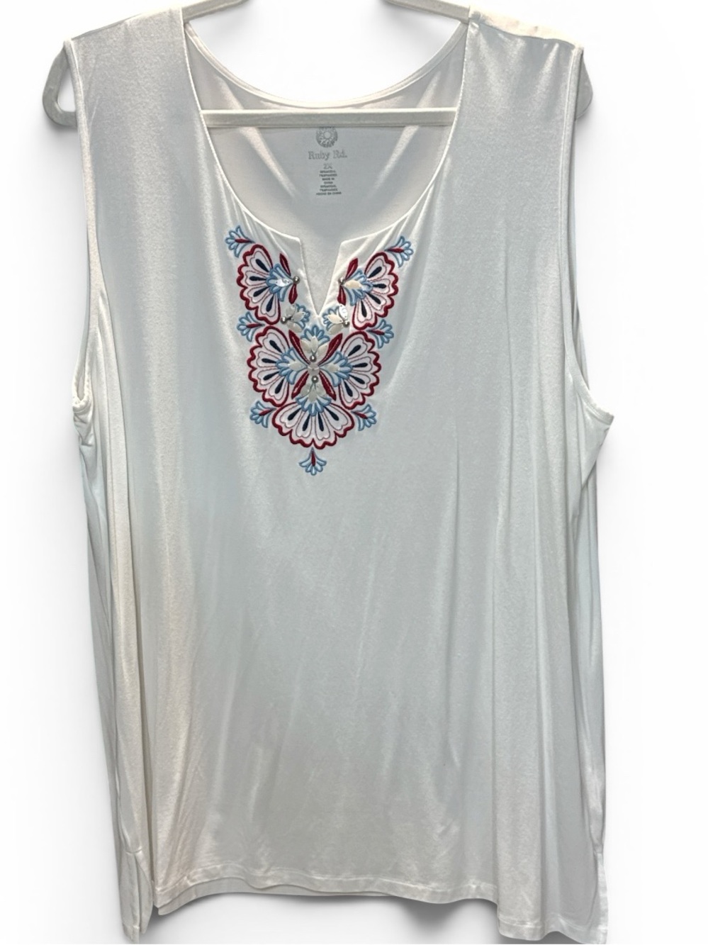 Ruby Rd. White Sleeveless Tank with Red & Blue Embroidery w/ Embellishments